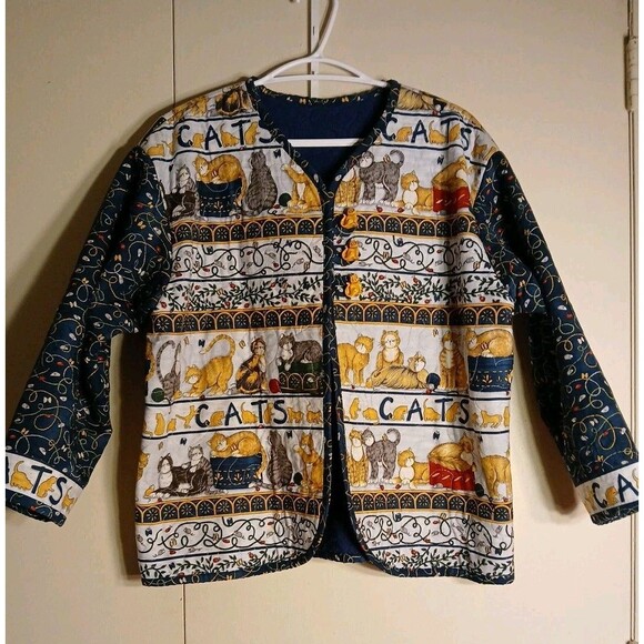 Womens S-M Cats Tapestry Quilted Longsle Jacket/Cat Button VIBRANT COLORS - Picture 1 of 16
